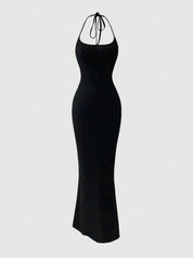 Vestido Longo Preto Fabi Feminino em Malha com Elastano